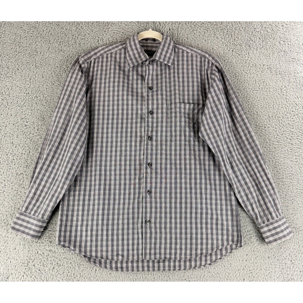 Canali Button Up Shirt Mens Medium Gray Stripe Plaid Long Sleeve Cotton Italy